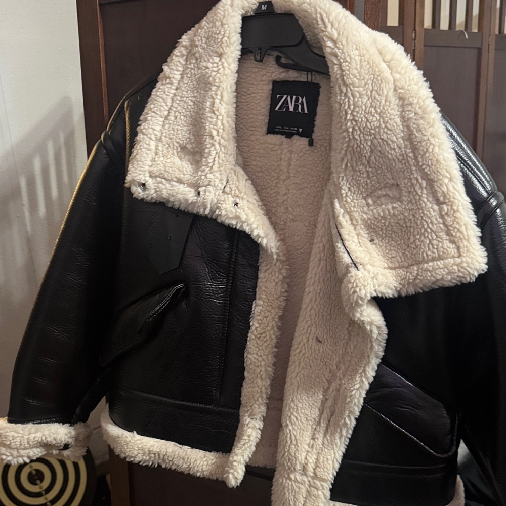 ZARA Black Faux Leather Bomber Jacket with Cream Shearling